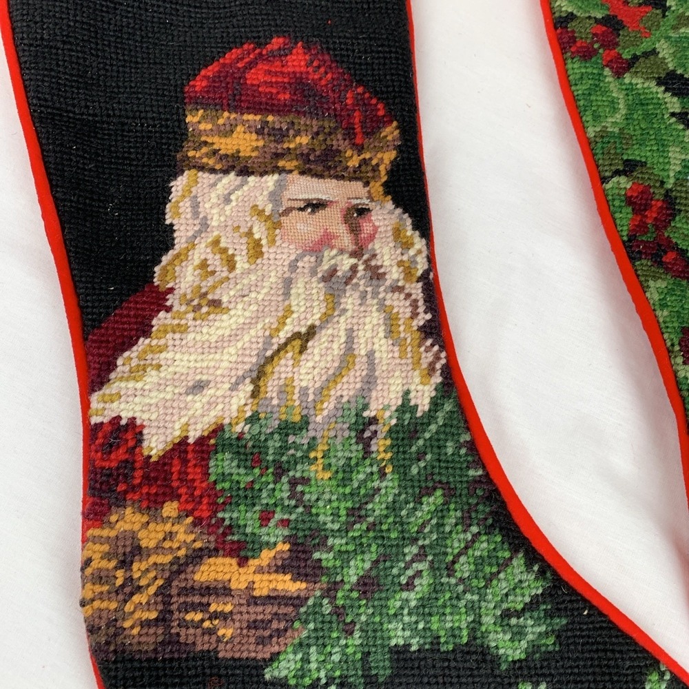 Vintage Needlepoint Christmas Stockings Set of 2 Santa Claus Holly Red Velvet - Picture 6 of 9